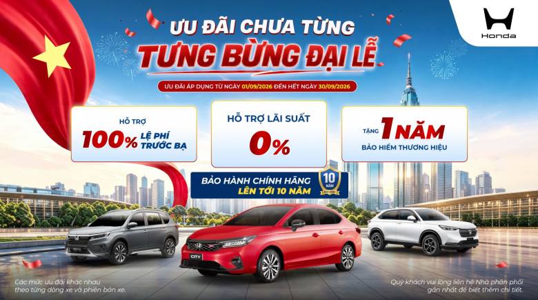 Honda City được hỗ trợ 100% lệ phí trước bạ và lãi suất 0% trong tháng 9