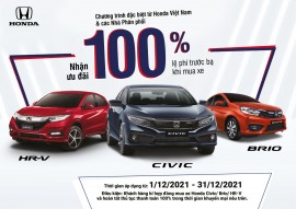 Ưu đãi 100% lệ phí trước bạ khi mua Honda Civic, HR-V và Brio trong tháng 12